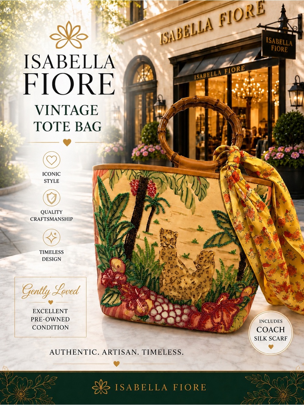 Isabella Fiore Tropical Embroidered Canvas Tote Bag with Bamboo Handles
